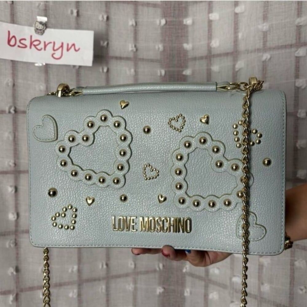 Love Mochino blue leather crossbody bag with hearts in blue and gold colors - Picture 1 of 8